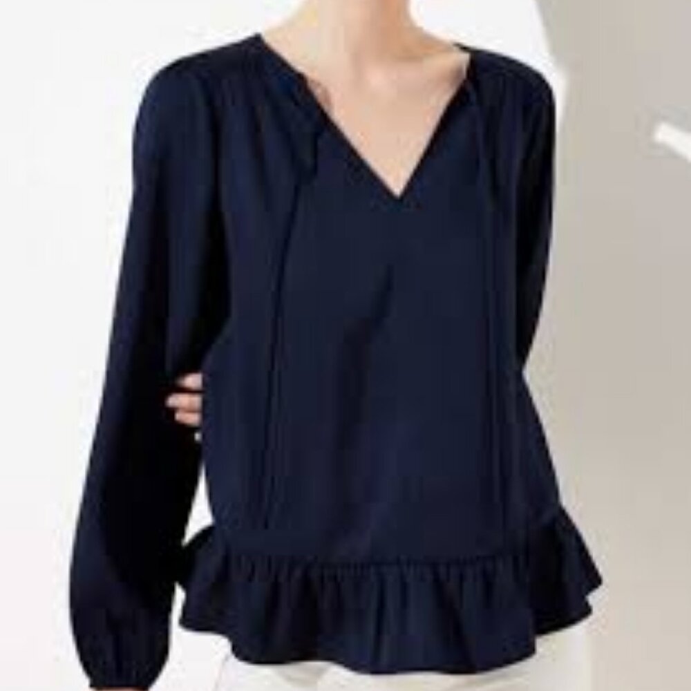 NWT Loft Split Neck Ruffle‎ Sateen Blouse Navy Blue Size Medium